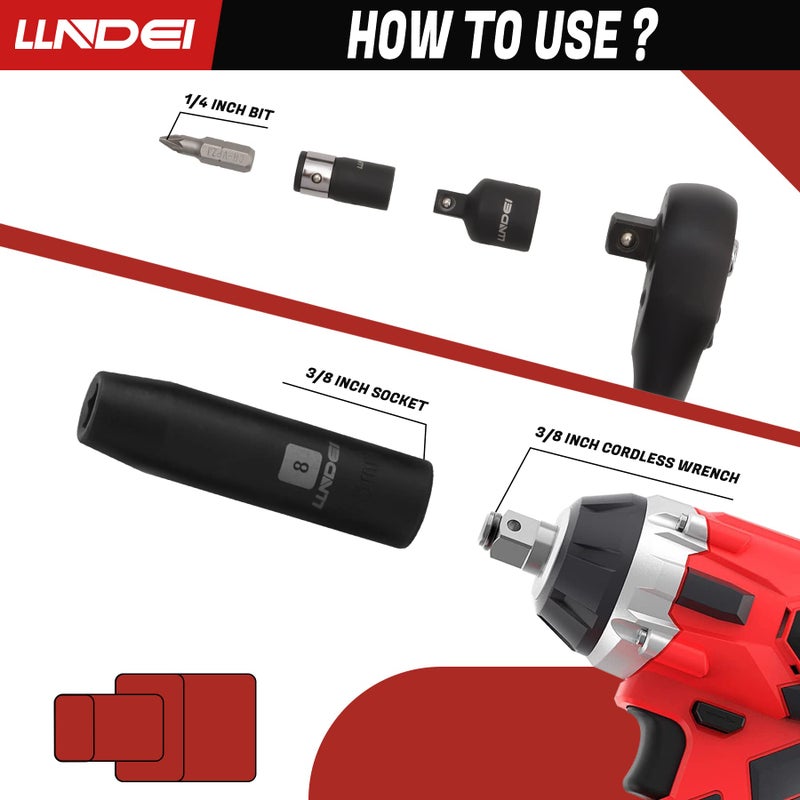 LLNDEI 3/8?rive Impact Socket Set Standard SAE(5/16 to 3/4-Inch) Metric Size(8-22mm)  95 Piece  CR-V Steel Deep&Shallow Kit  Adapters  Ratchet Handle  Screwdriver Bit Set  Spark Plug Socket  6 Point - Image 4